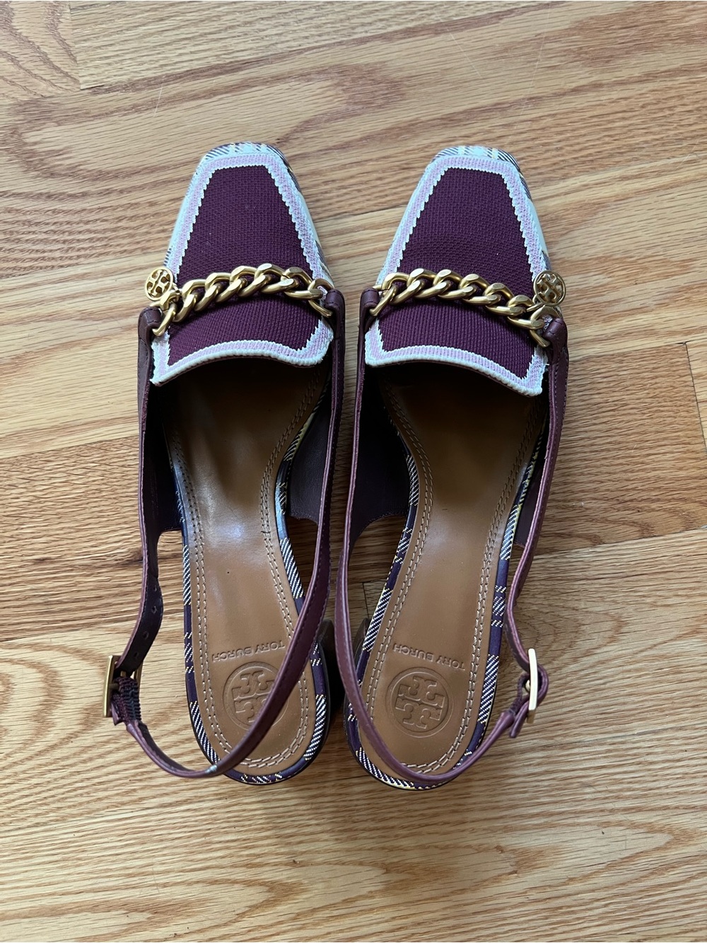Tory Burch Mini Benton Plum Slingback Loafers with Gold Chain Size 8